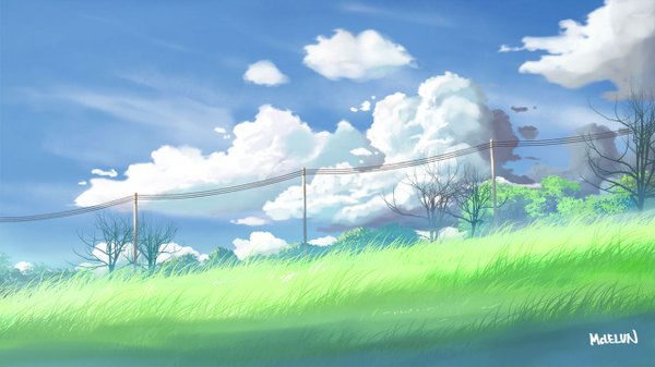 Anime picture 1280x720 with original mclelun wide image signed sky cloud (clouds) no people landscape plant (plants) tree (trees) grass wire (wires)
