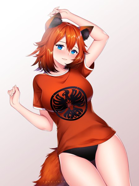 Anime picture 1275x1700 with original banglinh1997 single tall image looking at viewer blush fringe short hair breasts blue eyes light erotic simple background hair between eyes signed animal ears tail parted lips head tilt animal tail arm up