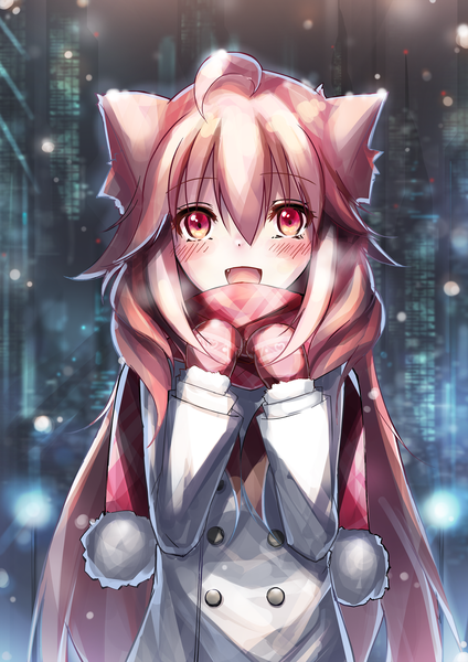 Anime picture 1984x2806 with original riburanomind single long hair tall image blush fringe highres open mouth red eyes standing animal ears pink hair cat ears cat girl city happy snowing winter cityscape