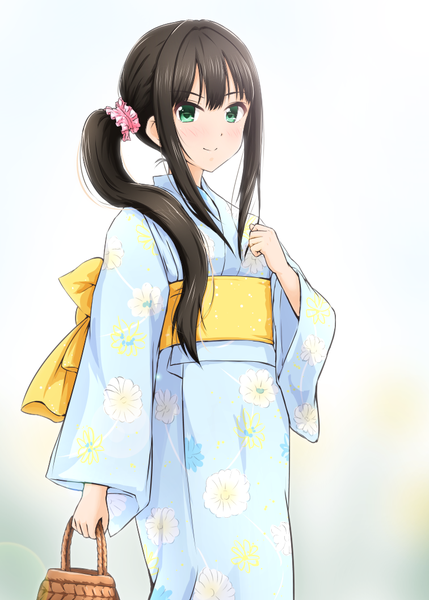 Anime picture 756x1058 with idolmaster idolmaster cinderella girls shibuya rin diesel-turbo single long hair tall image looking at viewer blush fringe black hair simple background hair between eyes holding green eyes payot traditional clothes japanese clothes floral print side ponytail