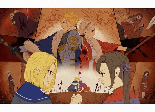 Anime picture 2048x1470 with fire emblem fire emblem: three houses fire emblem warriors: three hopes nintendo edelgard von hresvelg dimitri alexandre blaiddyd alhamu long hair highres short hair blonde hair brown hair holding looking away silver hair profile tears multiview face to face crying