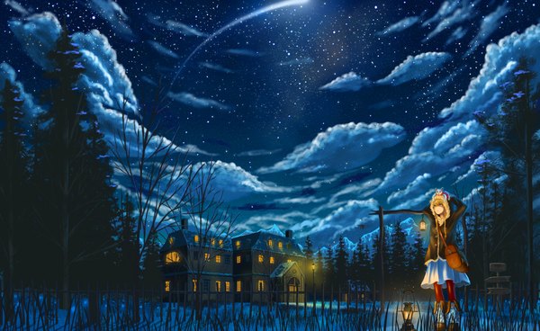 Anime picture 2000x1228 with original doora (dora0913) single long hair highres blue eyes blonde hair wide image looking away cloud (clouds) night winter snow girl dress plant (plants) tree (trees) jacket star (stars) cat
