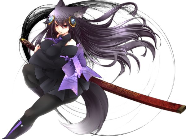 Anime picture 1000x749 with original ran komomo (artist) single long hair black hair simple background red eyes white background animal ears traditional clothes girl hair ornament bow weapon detached sleeves sword katana