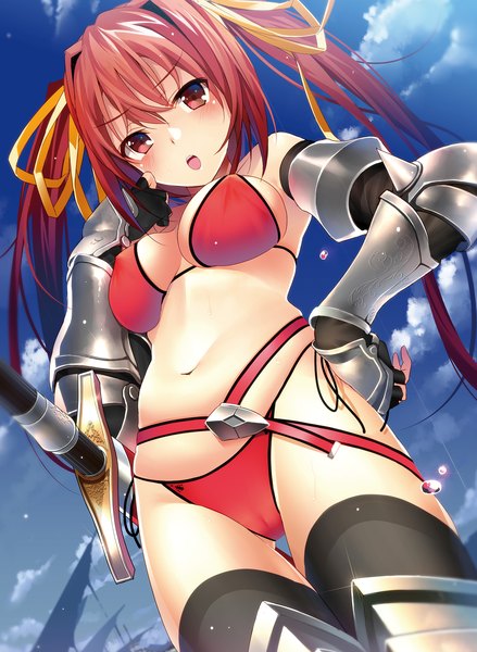 Anime picture 1404x1920 with original komori machimura single long hair tall image looking at viewer blush breasts open mouth light erotic red eyes twintails red hair scan girl thighhighs navel ribbon (ribbons) weapon black thighhighs