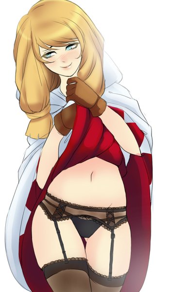 Anime picture 1023x1600 with final fantasy final fantasy tactics square enix white mage greenmarine single long hair tall image blush fringe blue eyes light erotic simple background blonde hair smile white background looking away lips embarrassed skirt lift