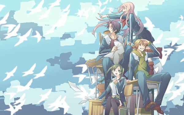 Anime picture 1000x625 with original minami seira blonde hair smile sitting twintails multiple girls green eyes yellow eyes looking away pink hair sky purple hair green hair wind multiple boys blue background group eating pointing
