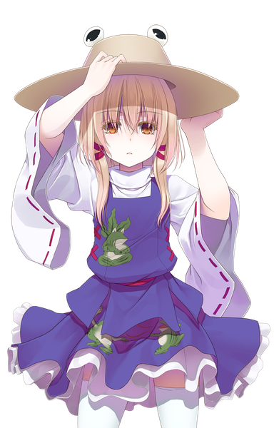 Anime picture 960x1500 with touhou moriya suwako crote single long hair tall image looking at viewer blonde hair brown eyes transparent background girl thighhighs dress hat white thighhighs