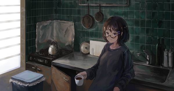 Anime picture 1750x917 with original fjsmu single looking at viewer fringe highres short hair brown hair wide image standing holding brown eyes upper body indoors girl glasses sweater cup tiles teapot