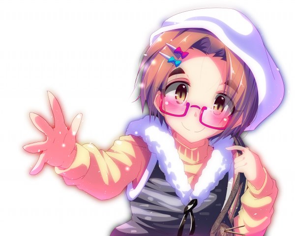 Anime picture 1200x960 with idolmaster idolmaster cinderella girls ryuuzaki kaoru natsu (anta tte hitoha) looking at viewer blush short hair simple background smile brown hair white background brown eyes girl glasses cap