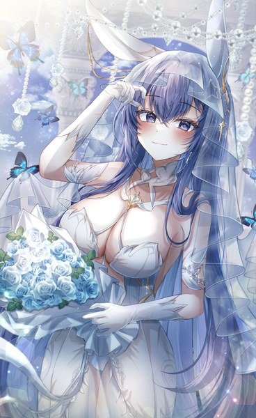 Anime picture 2000x3263 with azur lane new jersey (azur lane) new jersey (snow-white ceremony) (azur lane) ryunbi single tall image looking at viewer blush fringe highres breasts blue eyes light erotic smile hair between eyes large breasts standing holding animal ears blue hair