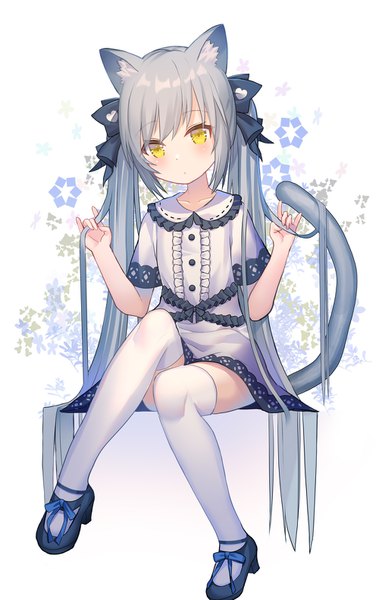 Anime picture 1000x1580 with original rk (rktorinegi) single long hair tall image looking at viewer blush simple background white background sitting animal ears yellow eyes tail head tilt animal tail grey hair cat ears short sleeves cat girl cat tail