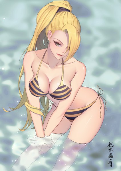 Anime picture 1800x2546 with naruto studio pierrot naruto (series) yamanaka ino xiumu bianzhou single long hair tall image looking at viewer fringe highres breasts light erotic blonde hair large breasts standing green eyes signed cleavage outdoors