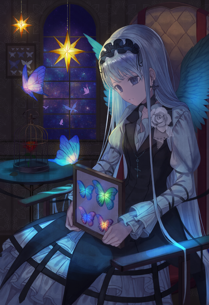 Anime picture 2200x3200 with original amahara subaru single long hair tall image fringe highres sitting holding payot silver hair indoors long sleeves parted lips head tilt night teeth grey eyes puffy sleeves night sky