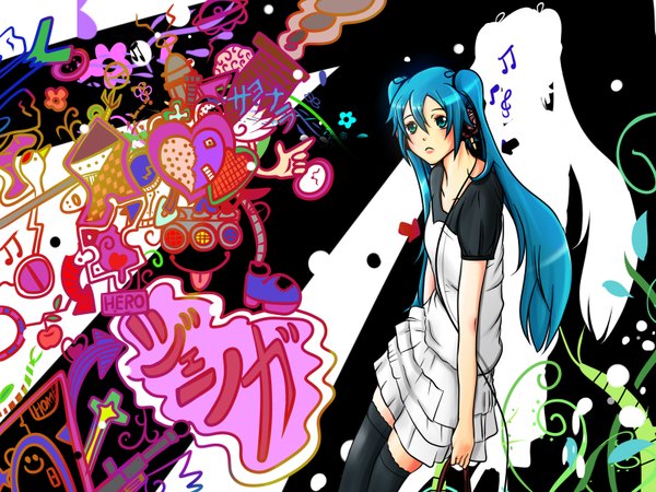 Anime picture 1600x1200 with vocaloid hatsune miku single long hair blue eyes standing twintails holding blue hair inscription hieroglyph sad abstract multicolored girl thighhighs hair ornament black thighhighs heart headphones