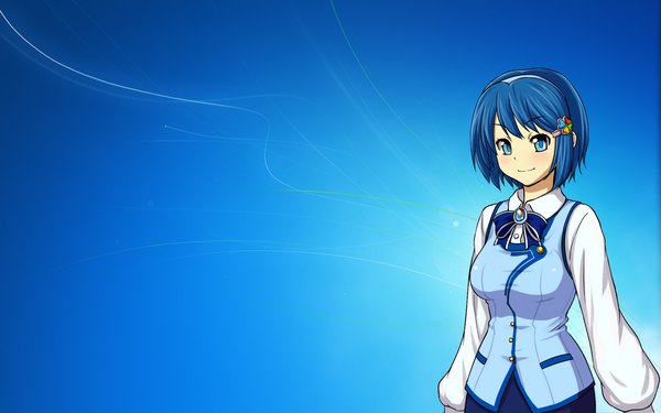 Anime picture 1920x1200 with os-tan windows (operating system) windows 7 madobe nanami single looking at viewer fringe highres short hair breasts blue eyes smile hair between eyes large breasts blue hair long sleeves light smile wallpaper blue background girl