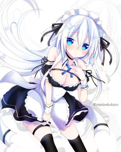 Anime picture 799x1000 with original luna shuverutse yamine kuro single long hair tall image looking at viewer blush fringe breasts blue eyes light erotic simple background hair between eyes large breasts white background bare shoulders cleavage white hair short sleeves