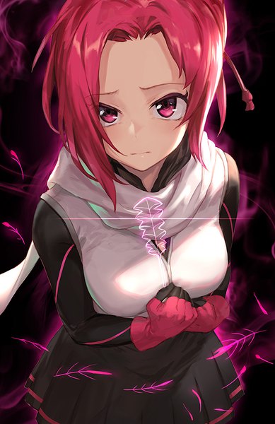 Anime picture 700x1078 with kemurikusa rin (kemurikusa) guchico single tall image looking at viewer fringe short hair breasts simple background red eyes standing payot red hair black background folded ponytail aura girl gloves scarf