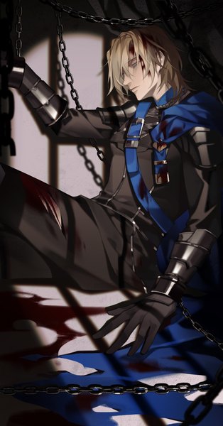 Anime picture 1590x3035 with fire emblem fire emblem: three houses nintendo dimitri alexandre blaiddyd lynnn28208524 single tall image fringe short hair blue eyes blonde hair hair between eyes sitting looking away profile expressionless blood on face injury cuts chained