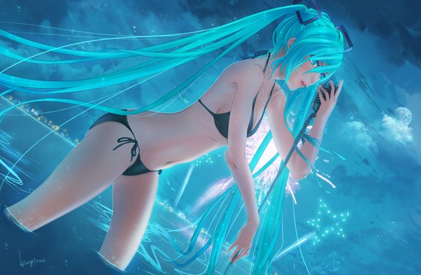 Anime picture 3200x2100 with vocaloid hatsune miku kayei nou single highres twintails absurdres sky cloud (clouds) very long hair aqua eyes lips aqua hair wet fireworks girl ribbon (ribbons) swimsuit bikini water