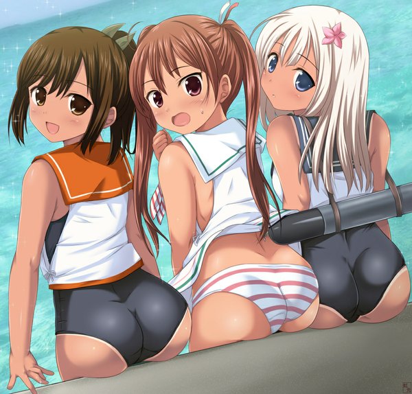 Anime picture 925x885 with kantai collection ro-500 submarine i-401 aircraft carrying submarine libeccio destroyer nijimotohiro k long hair looking at viewer blush open mouth blue eyes light erotic smile brown hair sitting twintails bare shoulders multiple girls brown eyes ass white hair