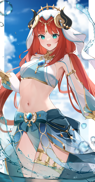 Anime picture 2338x4484 with genshin impact nilou (genshin impact) kirishe1101 single long hair tall image blush fringe highres open mouth smile standing twintails looking away sky cloud (clouds) red hair blunt bangs long sleeves :d