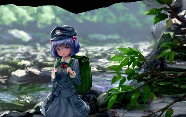 Anime picture 1621x1024 with touhou kawashiro nitori ryosios single short hair open mouth blue eyes blue hair looking away outdoors two side up river girl skirt plant (plants) hat skirt set backpack flat cap hair bobbles