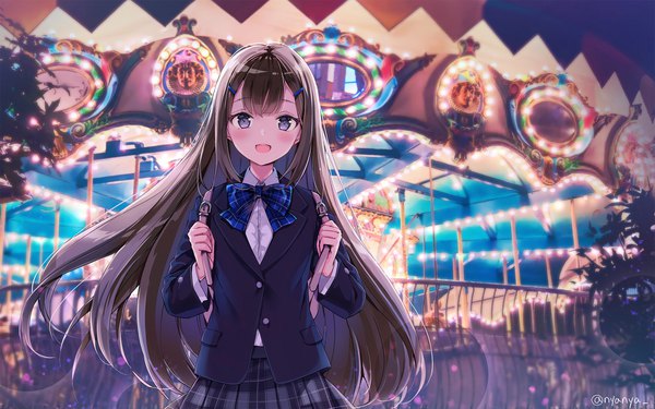 Anime picture 2000x1250 with original nyanya single long hair looking at viewer blush highres open mouth brown hair signed upper body outdoors :d grey eyes twitter username girl uniform school uniform bowtie bobby pin