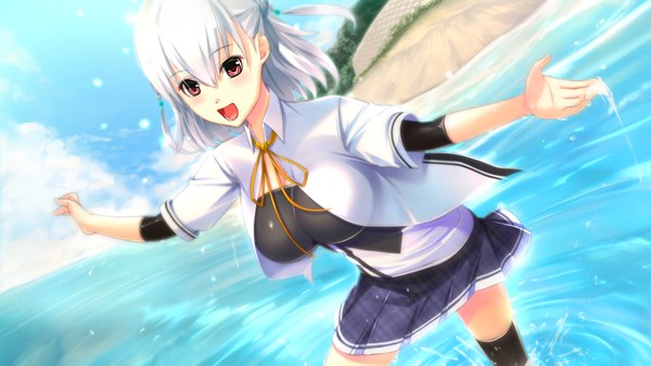 Anime picture 2048x1152 with sougeki no jaeger single blush highres short hair open mouth hair between eyes red eyes wide image game cg white hair girl thighhighs skirt black thighhighs miniskirt shirt