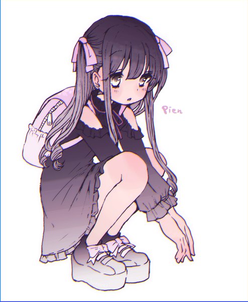 Anime picture 1000x1215 with original koroneri single long hair tall image blush black hair simple background white background brown eyes looking away full body long sleeves two side up squat anaglyph girl dress ribbon (ribbons) hair ribbon