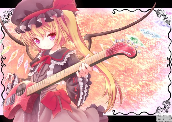 Anime picture 1920x1365 with touhou flandre scarlet long hair highres blonde hair teeth fang (fangs) girl ribbon (ribbons) hat guitar