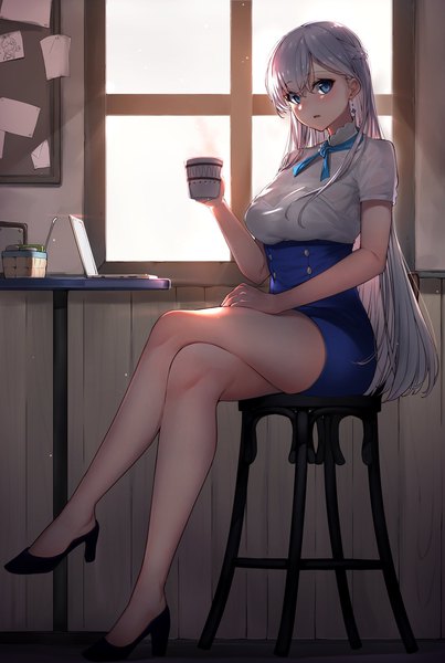 Anime picture 1377x2048 with azur lane belfast (azur lane) yamanokami eaka single long hair tall image looking at viewer blush fringe open mouth blue eyes light erotic hair between eyes sitting holding silver hair full body indoors sunlight shadow