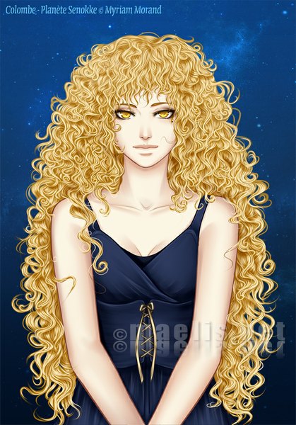 Anime picture 629x900 with original m-aelis single long hair tall image looking at viewer fringe blonde hair bare shoulders signed yellow eyes sleeveless curly hair girl dress