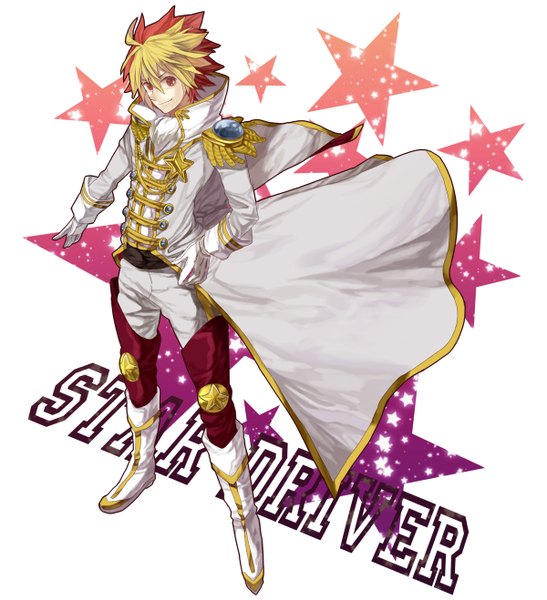 Anime picture 1200x1317 with star driver tsunashi takuto conoco single tall image looking at viewer short hair simple background smile red eyes white background ahoge multicolored hair wind inscription two-tone hair hand on hip boy gloves star (symbol)