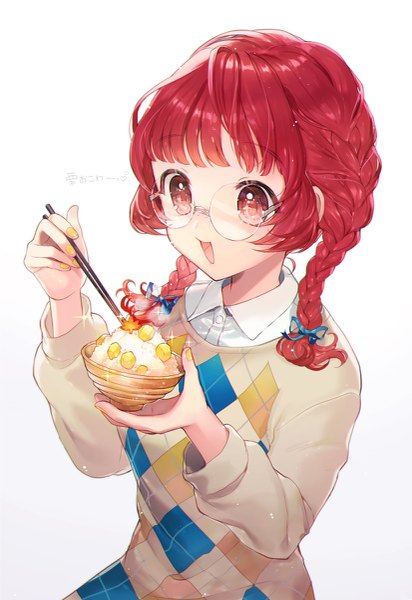 Anime picture 825x1200 with original momoshiki tsubaki single tall image fringe short hair open mouth simple background red eyes white background holding looking away red hair blunt bangs braid (braids) nail polish fingernails inscription sparkle twin braids