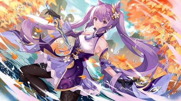 Anime picture 1500x844 with genshin impact keqing (genshin impact) augu (523764197) single long hair looking at viewer blush fringe smile wide image purple eyes twintails bare shoulders holding payot sky purple hair cloud (clouds) outdoors braid (braids)