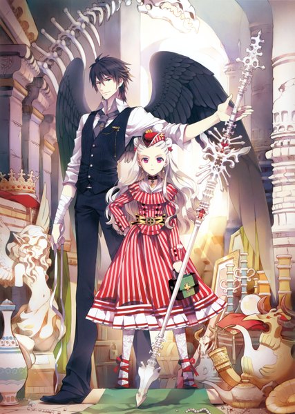 Anime picture 2391x3361 with original nardack long hair tall image highres short hair black hair red eyes white hair pointy ears hand on hip black wings vampire skeleton victorian girl dress boy hat earrings