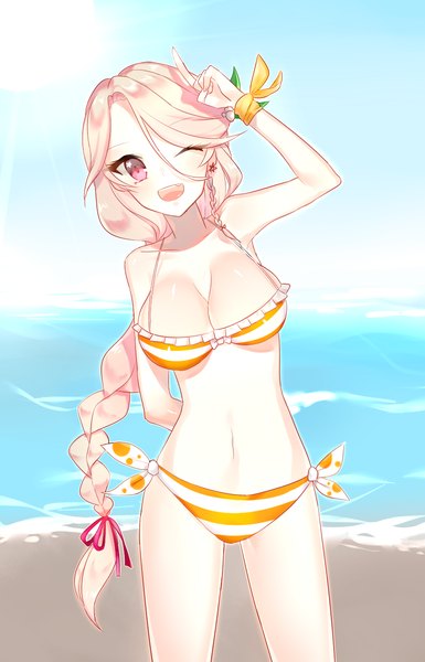 Anime picture 836x1300 with tagme (artist) single long hair tall image looking at viewer blush fringe breasts open mouth light erotic blonde hair smile large breasts standing sky braid (braids) one eye closed wink beach single braid