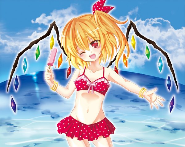 Anime picture 1051x837 with touhou flandre scarlet hatori kumi single short hair open mouth blonde hair red eyes one eye closed wink loli one side up polka dot girl skirt navel swimsuit bikini wings food