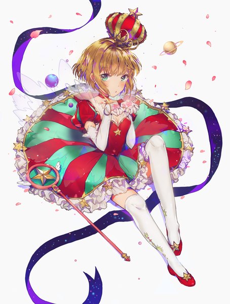 Anime picture 800x1056 with card captor sakura clamp kinomoto sakura dangmill single tall image looking at viewer blush fringe short hair simple background brown hair white background green eyes full body bent knee (knees) parted lips from above short sleeves zettai ryouiki
