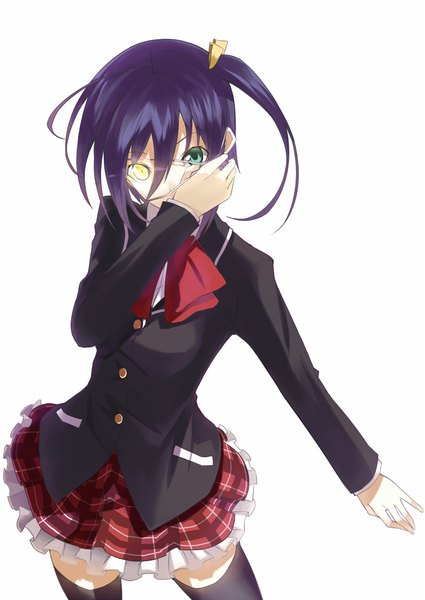 Anime picture 800x1129 with chuunibyou demo koi ga shitai! kyoto animation takanashi rikka kauto single tall image looking at viewer blush short hair simple background white background blue hair loli zettai ryouiki heterochromia one side up glowing plaid skirt glowing eye (eyes) plaid