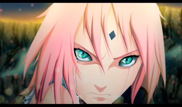 Anime picture 4800x2835 with naruto studio pierrot naruto (series) uchiha sasuke haruno sakura robcv single highres short hair wide image pink hair absurdres sky aqua eyes tears coloring facial mark reflection close-up face