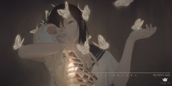 Anime picture 1600x800 with original spencer sais single short hair black hair wide image black eyes hug skeleton butterfly on hand girl uniform serafuku insect butterfly