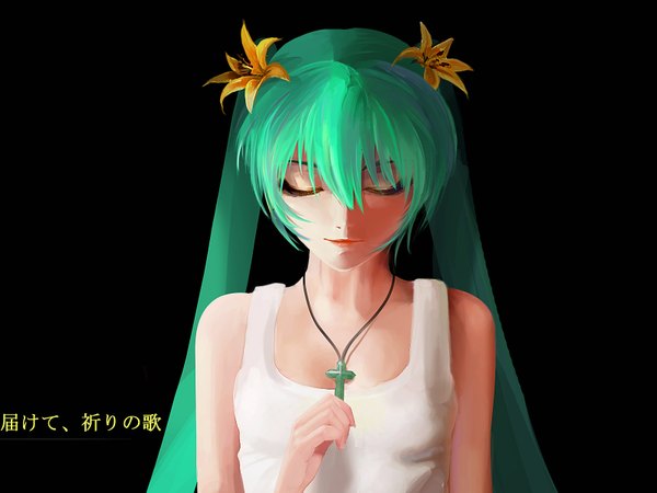 Anime picture 1600x1200 with vocaloid hatsune miku ushas single long hair twintails eyes closed hair flower green hair black background girl hair ornament cross