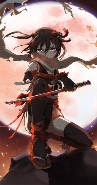 Anime picture 838x1600 with kantai collection sendai light cruiser kisetsu single long hair tall image looking at viewer fringe light erotic smile hair between eyes brown hair holding brown eyes full body night torn clothes squat covered mouth rock