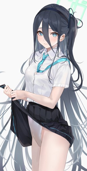 Anime picture 1030x2020 with blue archive aris (blue archive) mexif single tall image looking at viewer fringe blue eyes light erotic black hair smile hair between eyes very long hair pleated skirt one side up swimsuit under clothes girl skirt uniform school uniform