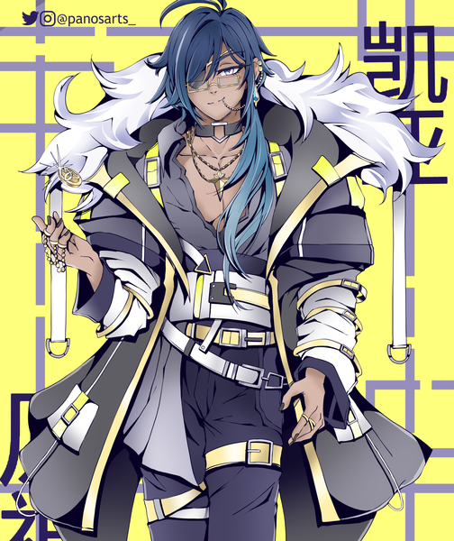 Anime picture 1260x1500 with genshin impact kaeya alberich panos (ssgpanos) single long hair tall image smile signed blue hair nail polish open jacket alternate costume character names twitter username piercing dark skin ear piercing yellow background lip piercing boy