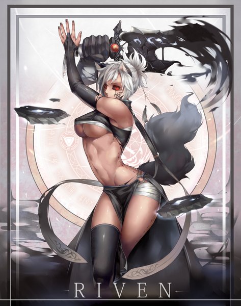 Anime picture 2125x2692 with league of legends riven (league of legends) xiao ji (kair030) single tall image looking at viewer highres short hair breasts light erotic red eyes animal ears tail animal tail grey hair girl thighhighs weapon black thighhighs sword