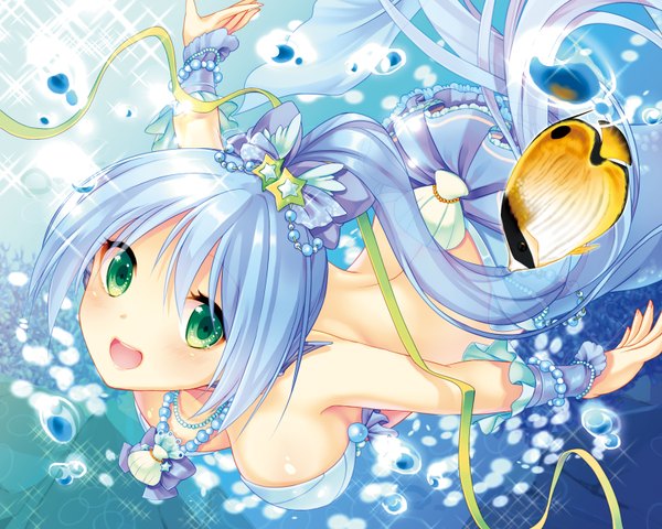 Anime picture 1600x1280 with original hiiiiron kocho single long hair open mouth light erotic green eyes blue hair ponytail girl hair ornament swimsuit animal bikini bubble (bubbles) fish (fishes) mermaid