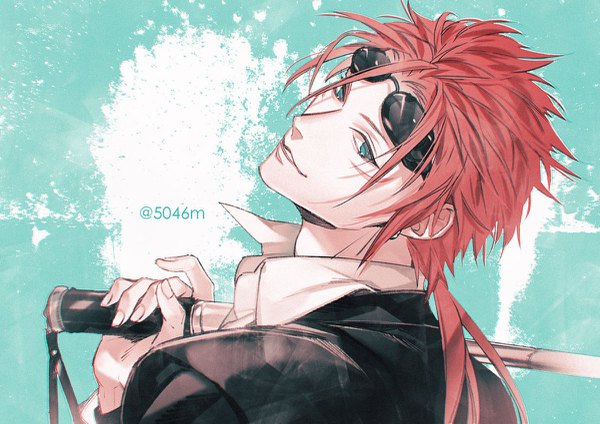 Anime picture 1200x849 with final fantasy final fantasy vii square enix reno 5046m single long hair looking at viewer signed upper body red hair looking back aqua eyes twitter username scar low ponytail sunglasses on head aqua background boy weapon
