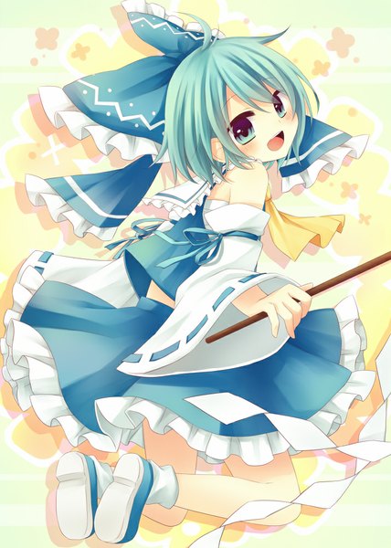 Anime picture 714x1000 with touhou cirno amane kurumi single tall image looking at viewer blush open mouth blue eyes bare shoulders blue hair jumping cosplay hakurei reimu (cosplay) girl bow hair bow detached sleeves large bow gohei